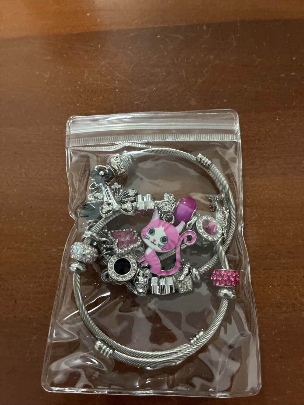 Set Lot Of 2 Silver Tone Fashion Bracelets Charms Pink Cat And Black Cat Beaded